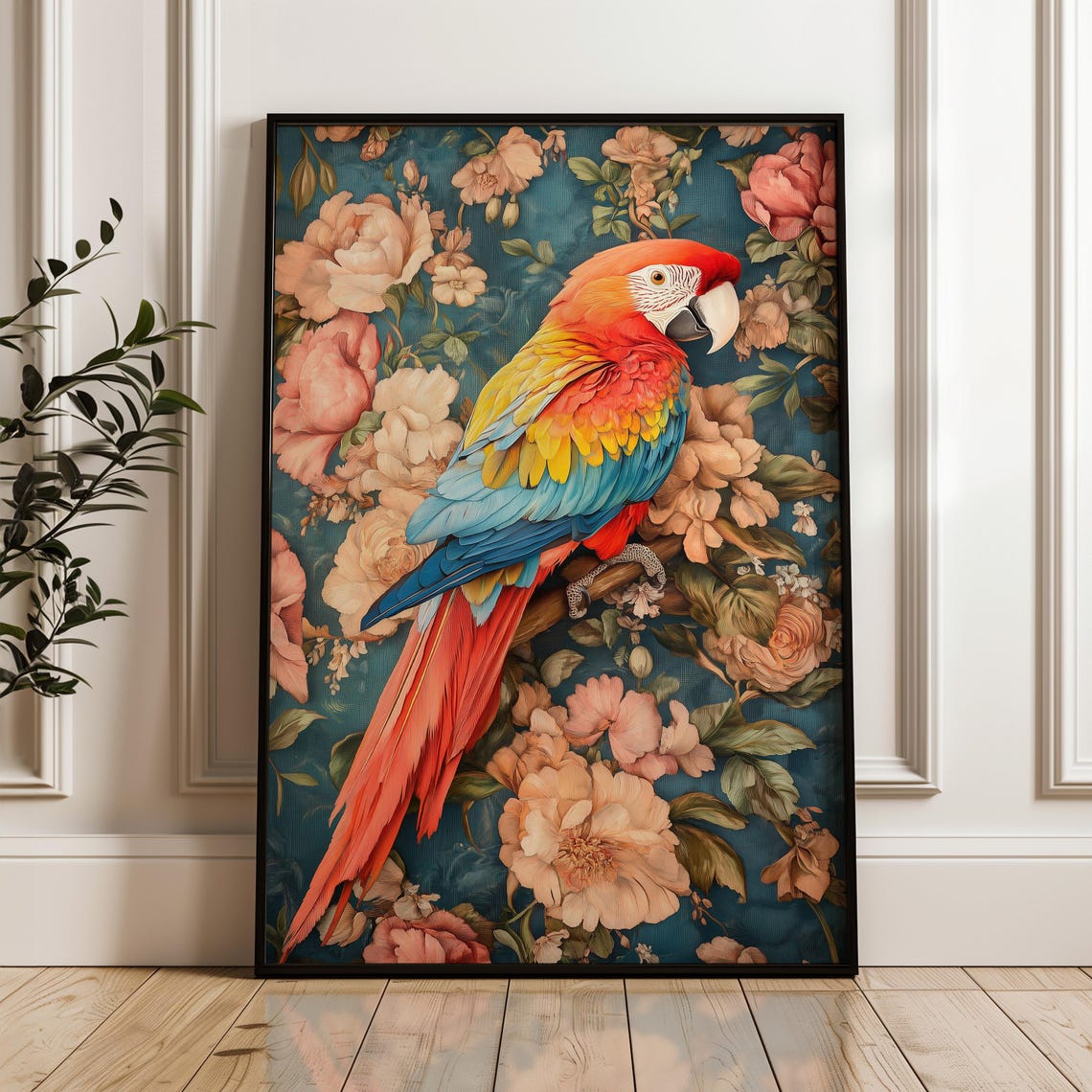 Scarlet Macaw Parrot Perched Among Pink Roses Teal Floral Art Poster