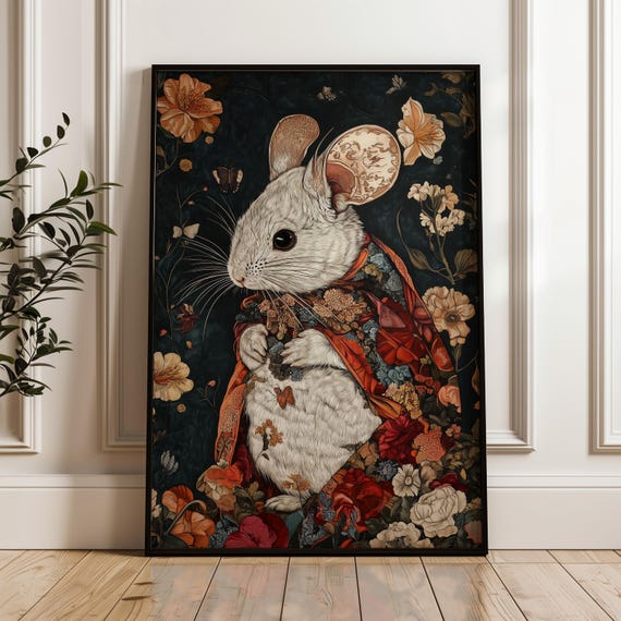 William Morris Inspired Art Print Chinchilla Wall Decor Rodent Artwork Nature Living Room Cottagecore Bedroom Wall Art