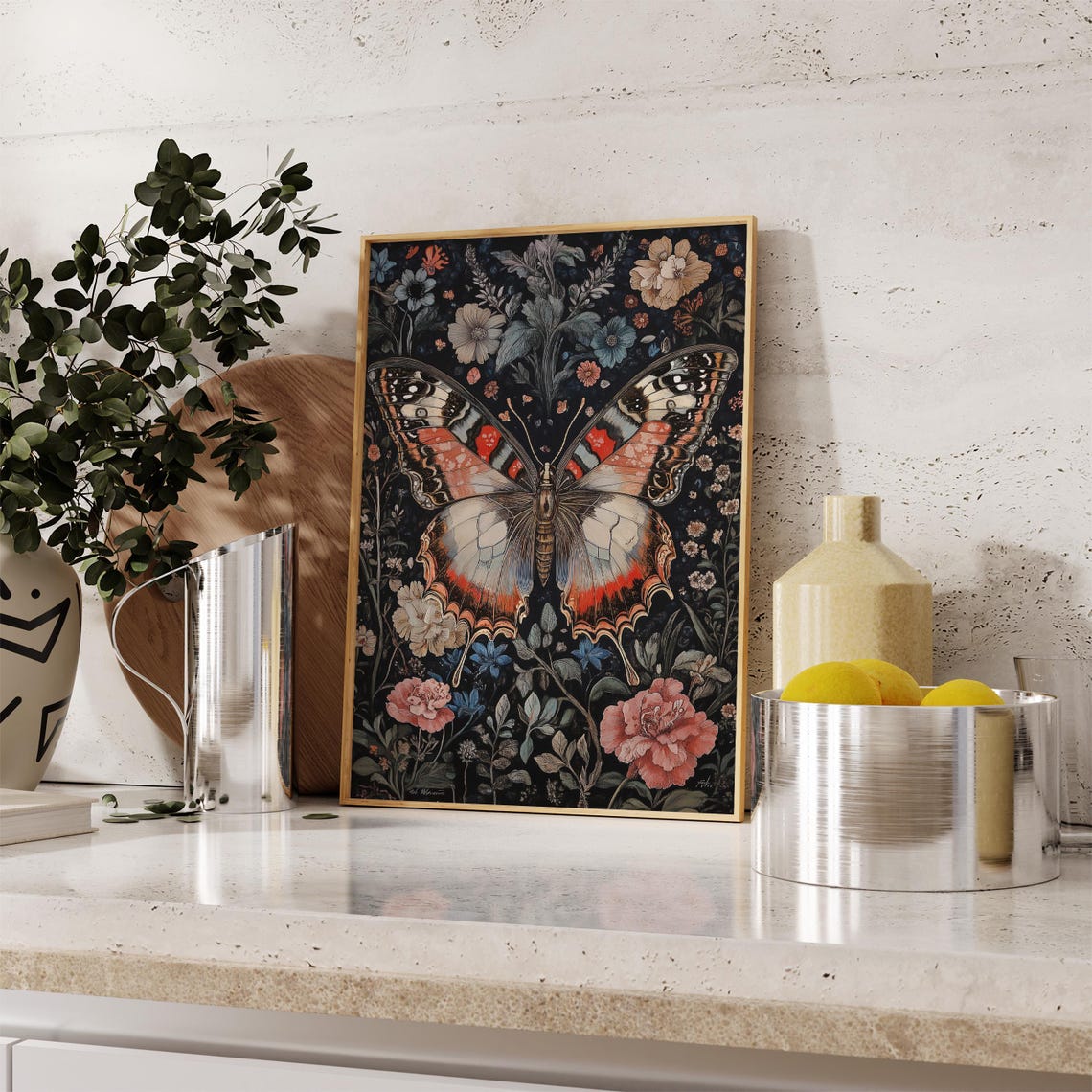 Butterfly Floral William Morris Inspired Moody Navy Insect Poster - Image 2
