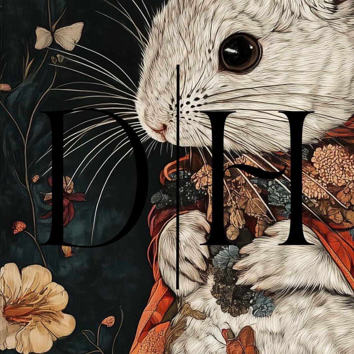 Chinchilla Floral William Morris Inspired Moody Navy Pet Art Poster - Image 3