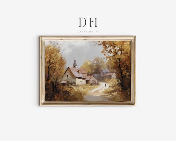 Vintage Town Art Neutral Tone Cottagecore Artwork Farmhouse Wall Art Decor Old Village Scenery Painting
