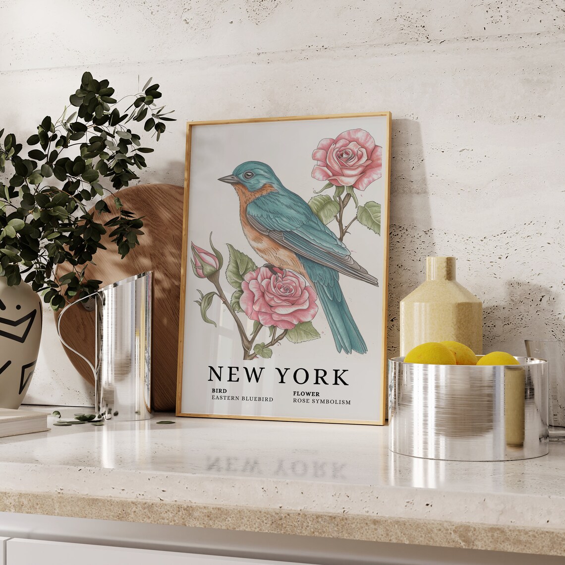 New York Eastern Bluebird Rose Bird and Flower Botanical Art Print - Image 2