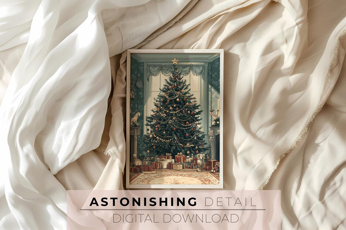 Vintage Christmas Tree Art Print Neutral Moody Xmas Wall Art Decorated Evergreen Tree Painting - Image 3