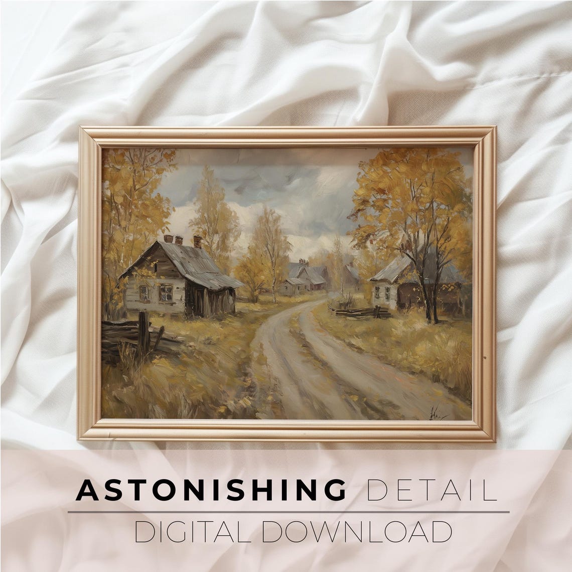 Antique Fall Village Dirt Road Rustic Houses Golden Foliage Art Poster - Image 3