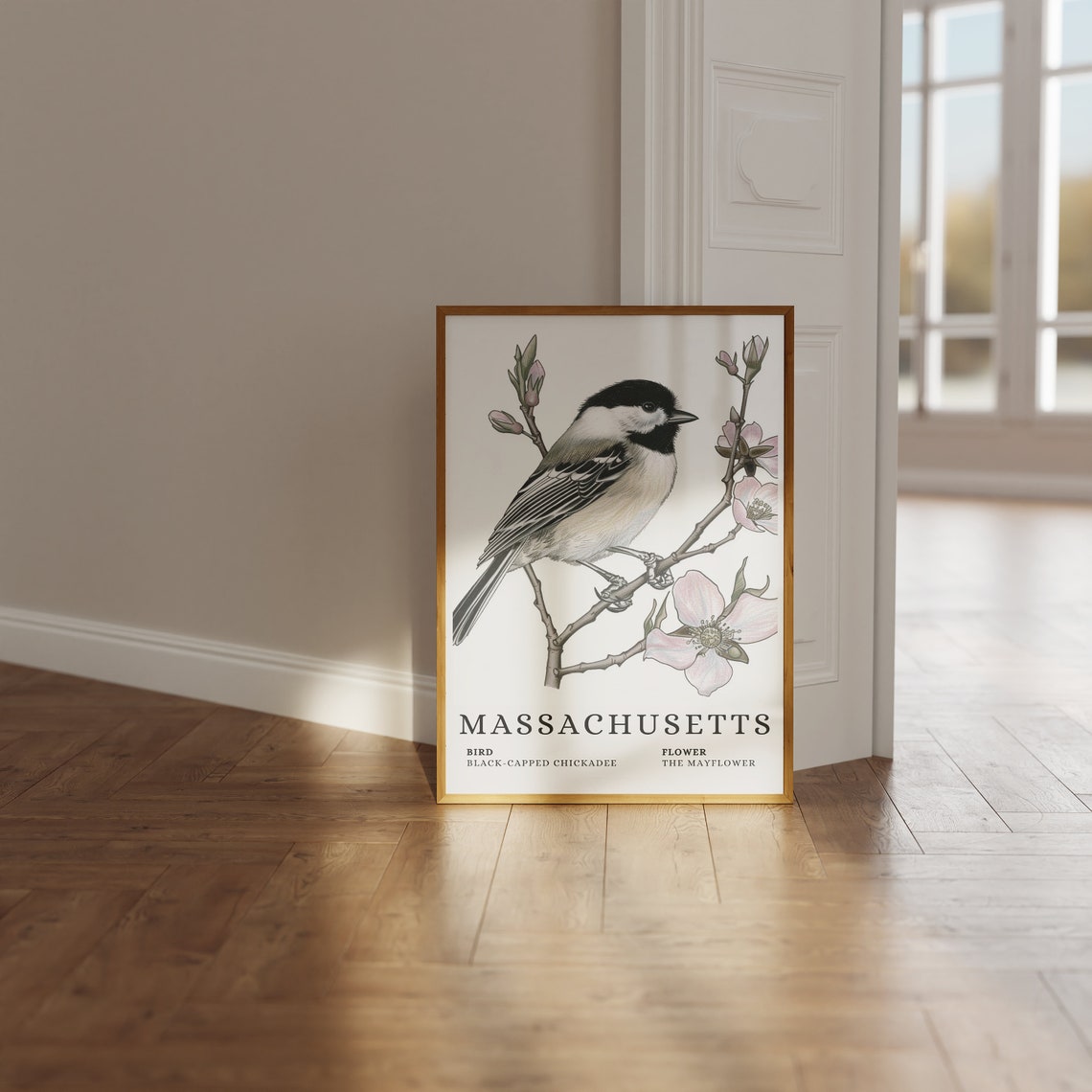 Massachusetts Black-Capped Chickadee Mayflower Bird Flower Print - Image 3