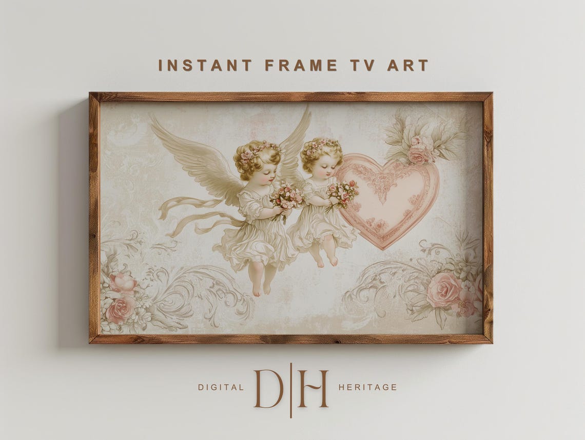 Valentines Tv Art Angels Vintage Frame Tv Art Spiritual Angels Neutral Painting Pink Heart And Roses Farmhouse Decor
