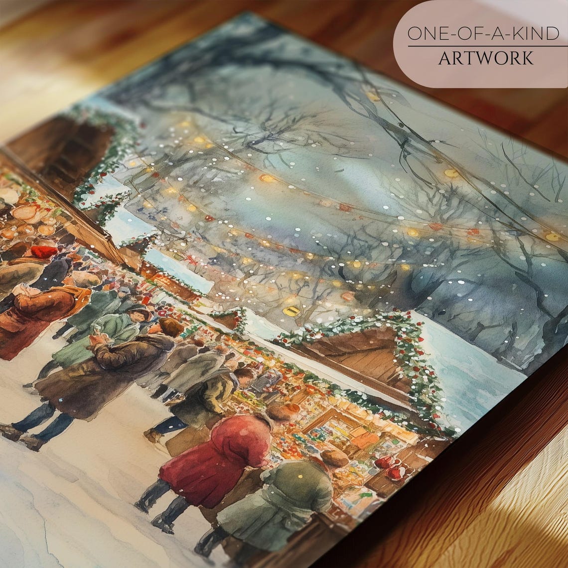 Christmas Market Watercolor Art Print Festive Holiday Marketplace Scene Winter Wonderland Painting Seasonal Christmas Wall Decor - Image 2
