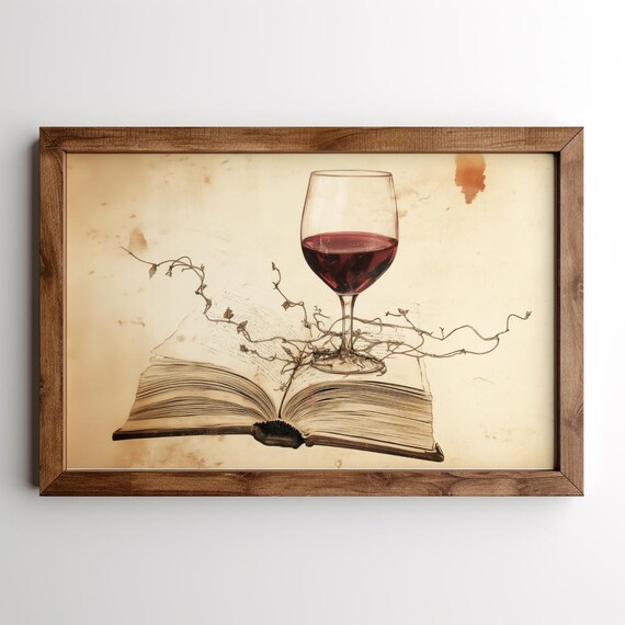 Red Wine Glass on Open Book Vintage Vineyard Still Life Poster