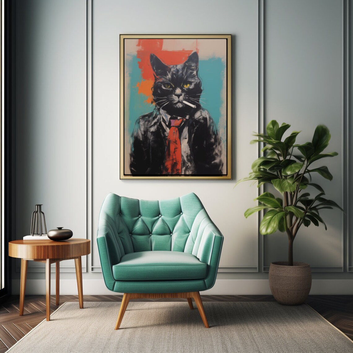 Black Cat in Jacket and Tie Smoking Beatnik Style Funny Poster - Image 2
