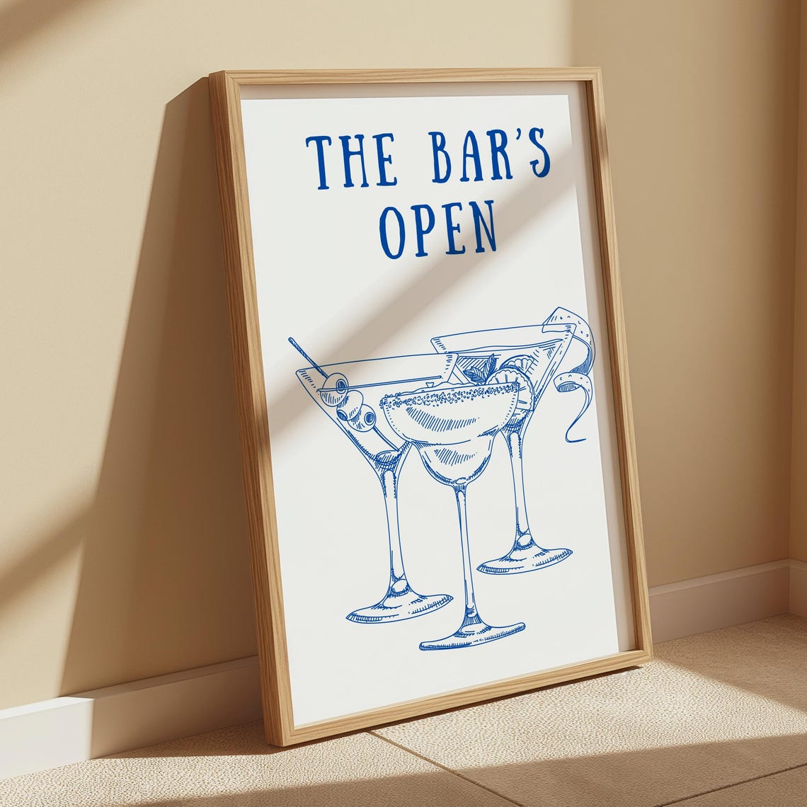 The Bars Open Cocktail Glasses Blue Line Art Kitchen Bar Poster