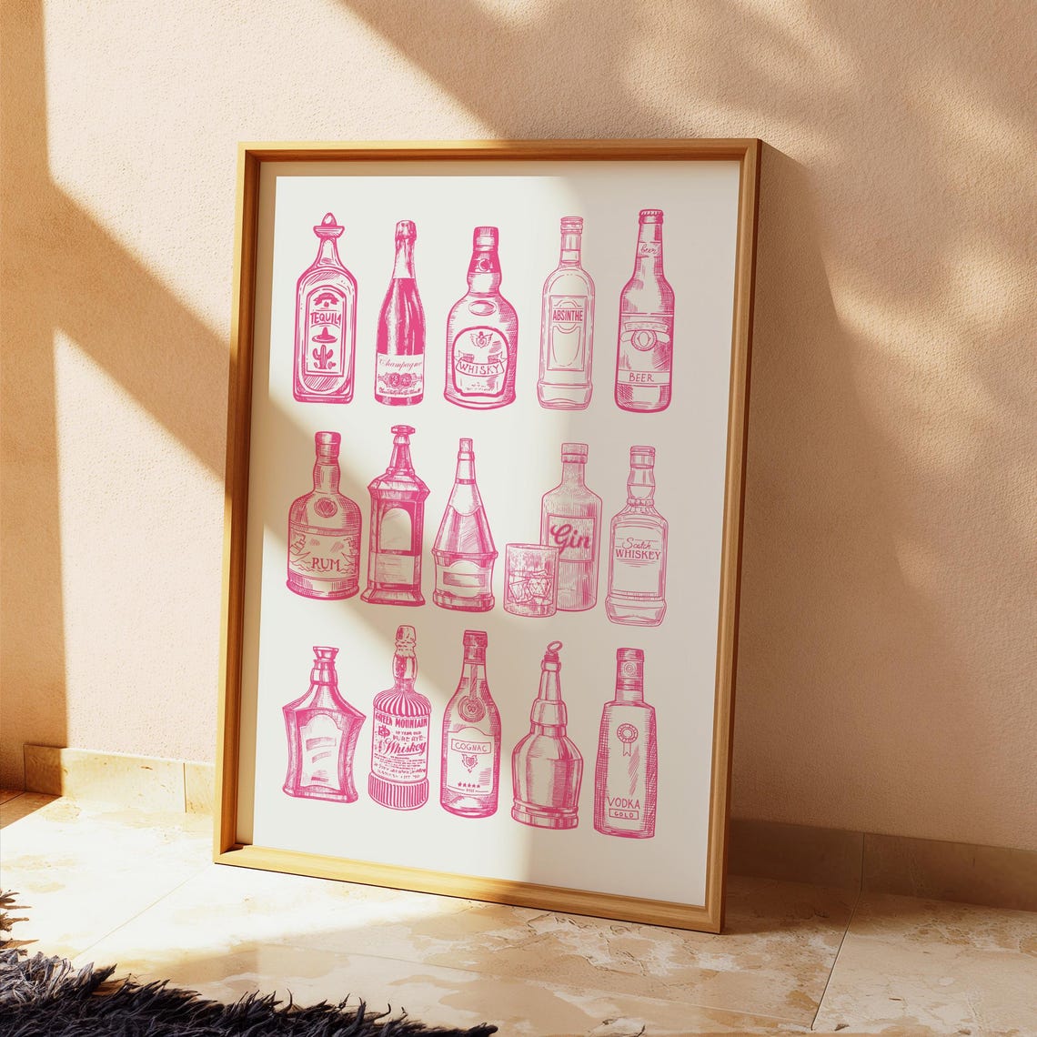 Pink Bar Bottles Line Art Sketch Tequila Whiskey Gin Vodka Poster - Image 2