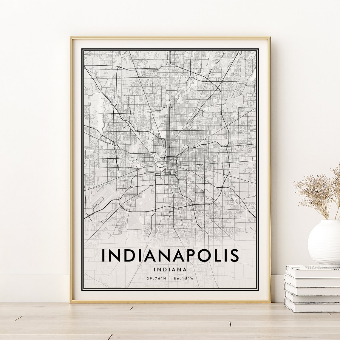 Indianapolis Indiana Minimalist Black White City Street Map Poster