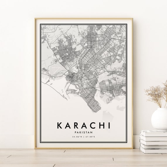 Karachi Map Print Pakistan Country Poster Retro Gift City Minimalist Art Design Gifts For Her Instant