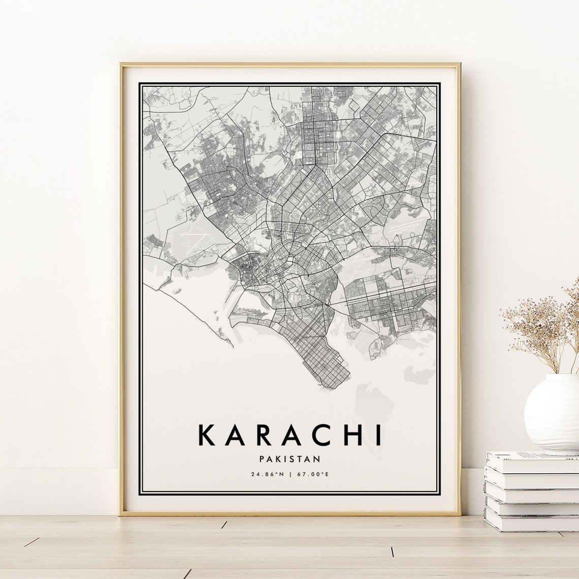 Karachi Pakistan City Map Minimalist Black White Street Art Print