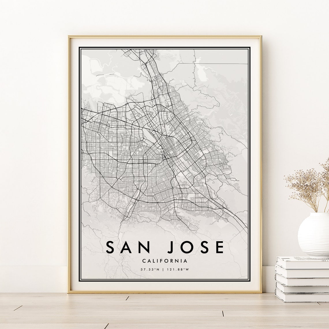 San Jose California Minimalist Black White City Street Map Poster