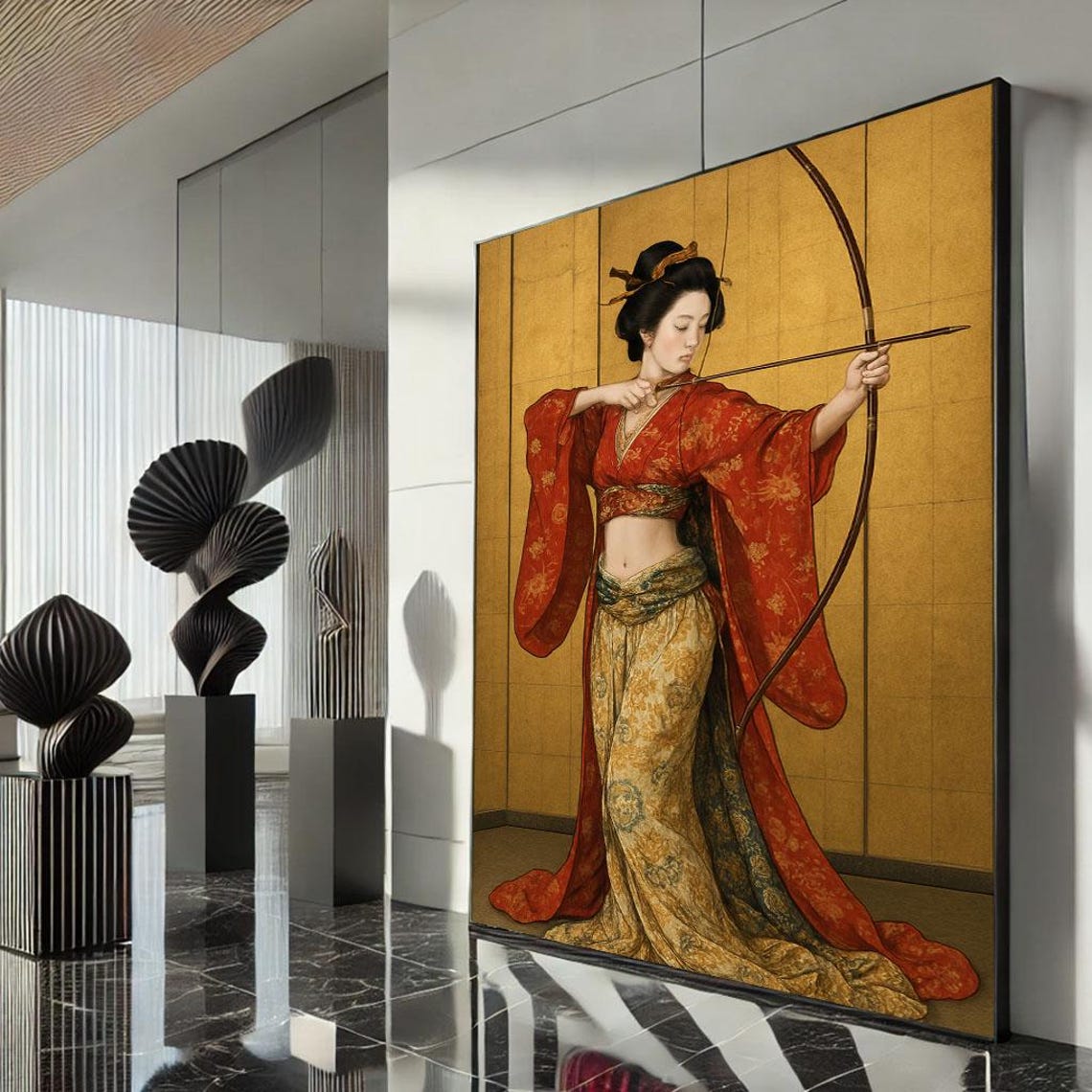 Classical Archer Woman Gold Leaf Screen Ornate Red Robe Poster