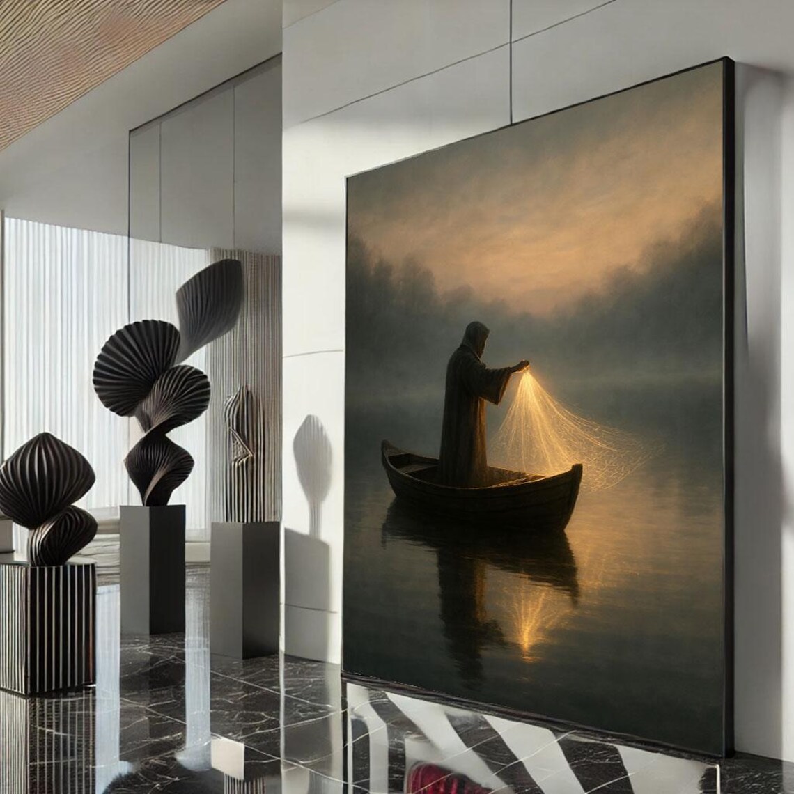 Hooded Fisherman Glowing Net Night Boat Mystical Lake Dark Fantasy Art Poster