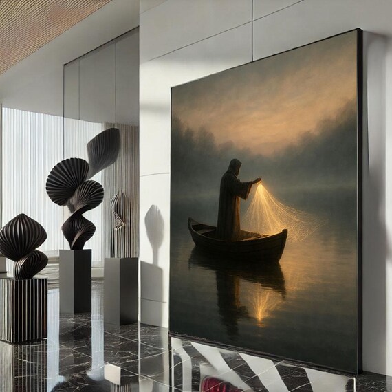Hooded Fisherman Glowing Net Night Boat Mystical Lake Dark Fantasy Art Poster