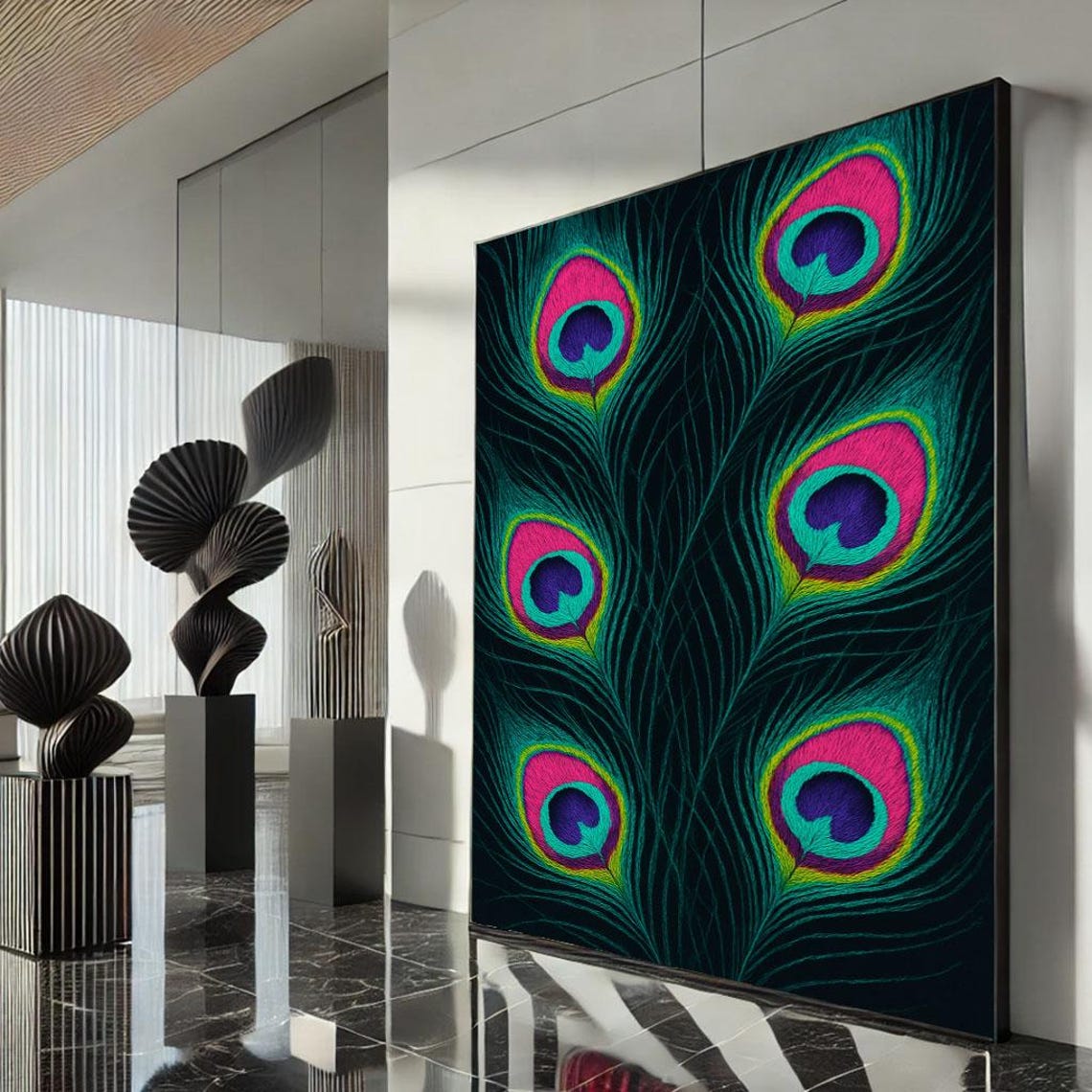 Neon Peacock Feather Pattern Colorful Bird Plumage Decor Poster
