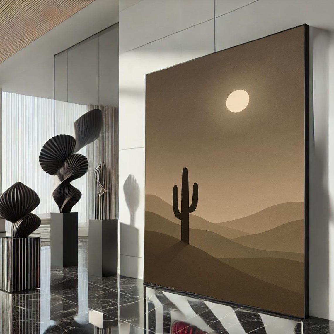 Saguaro Cactus Silhouette Minimalist Desert Sun Neutral Art Poster