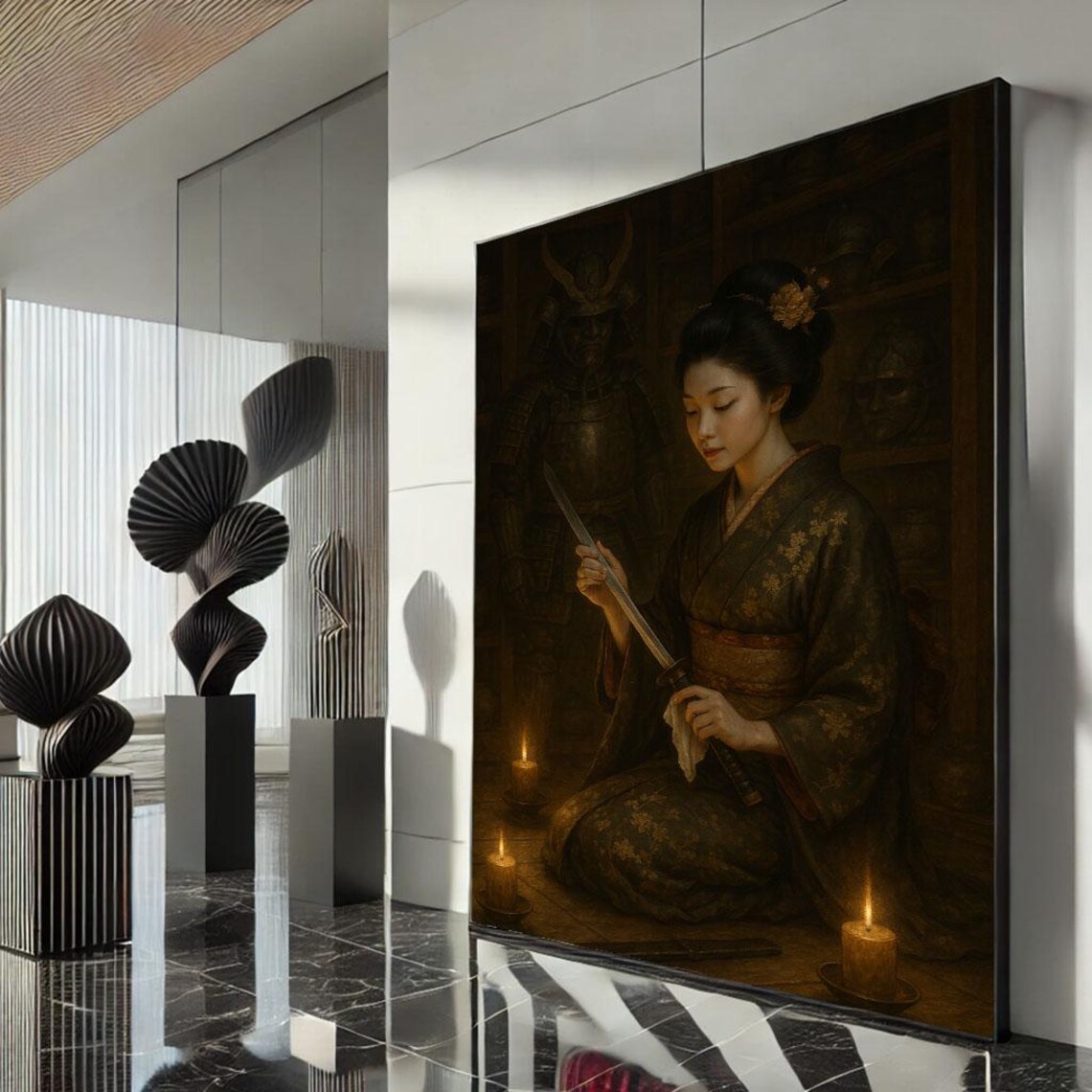 Geisha Holding Katana Candlelight Samurai Armor Portrait Poster