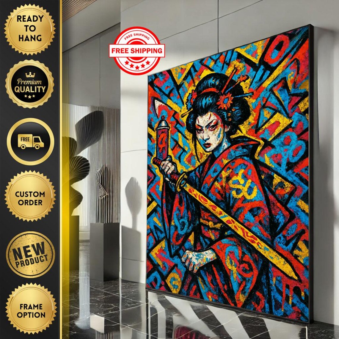 Colorful Geisha Warrior Street Art Pop Abstract Japanese Poster