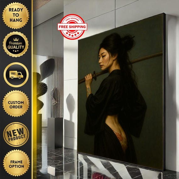 Elegant Samurai Woman Canvas Wall Art Print Modern Black Bedroom Decor Ready To Hang Statement Piece