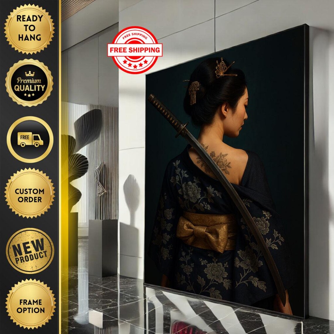 Elegant Japanese Woman With Katana Kimono Floral Portrait Poster