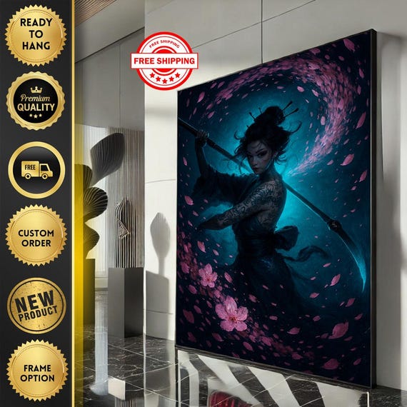 Mystical Samurai Woman Canvas Wall Art Print Dark Blue And Pink Living Room Decor Ready To Hang Statement Piece