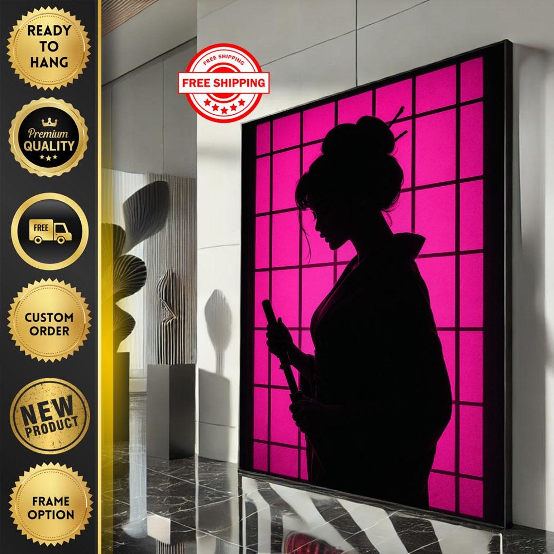 Samurai Silhouette Magenta Shoji Screen Minimalist Modern Art Poster