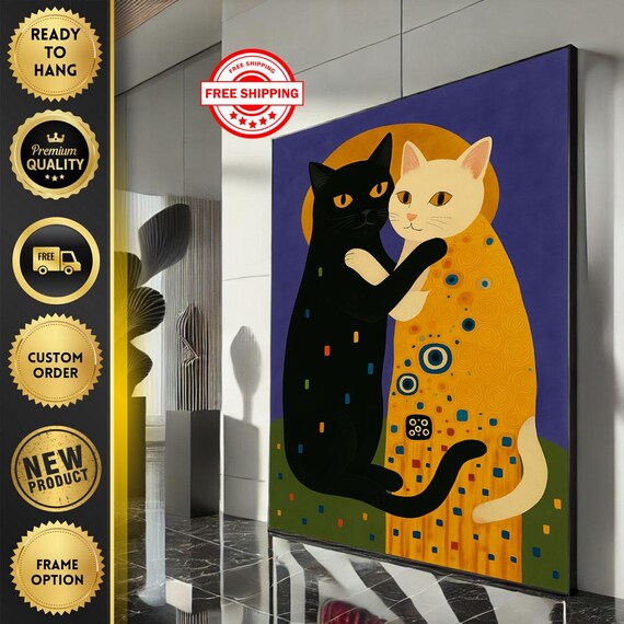 Klimt Style Whimsical Embracing Cats Colorful Abstract Art Poster