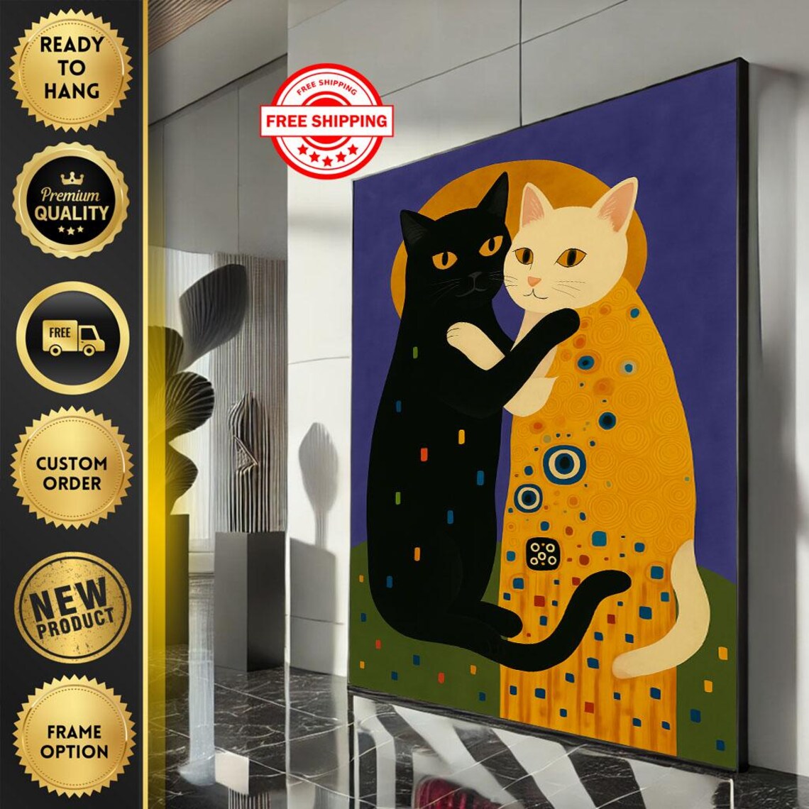 Klimt Style Whimsical Embracing Cats Colorful Abstract Art Poster