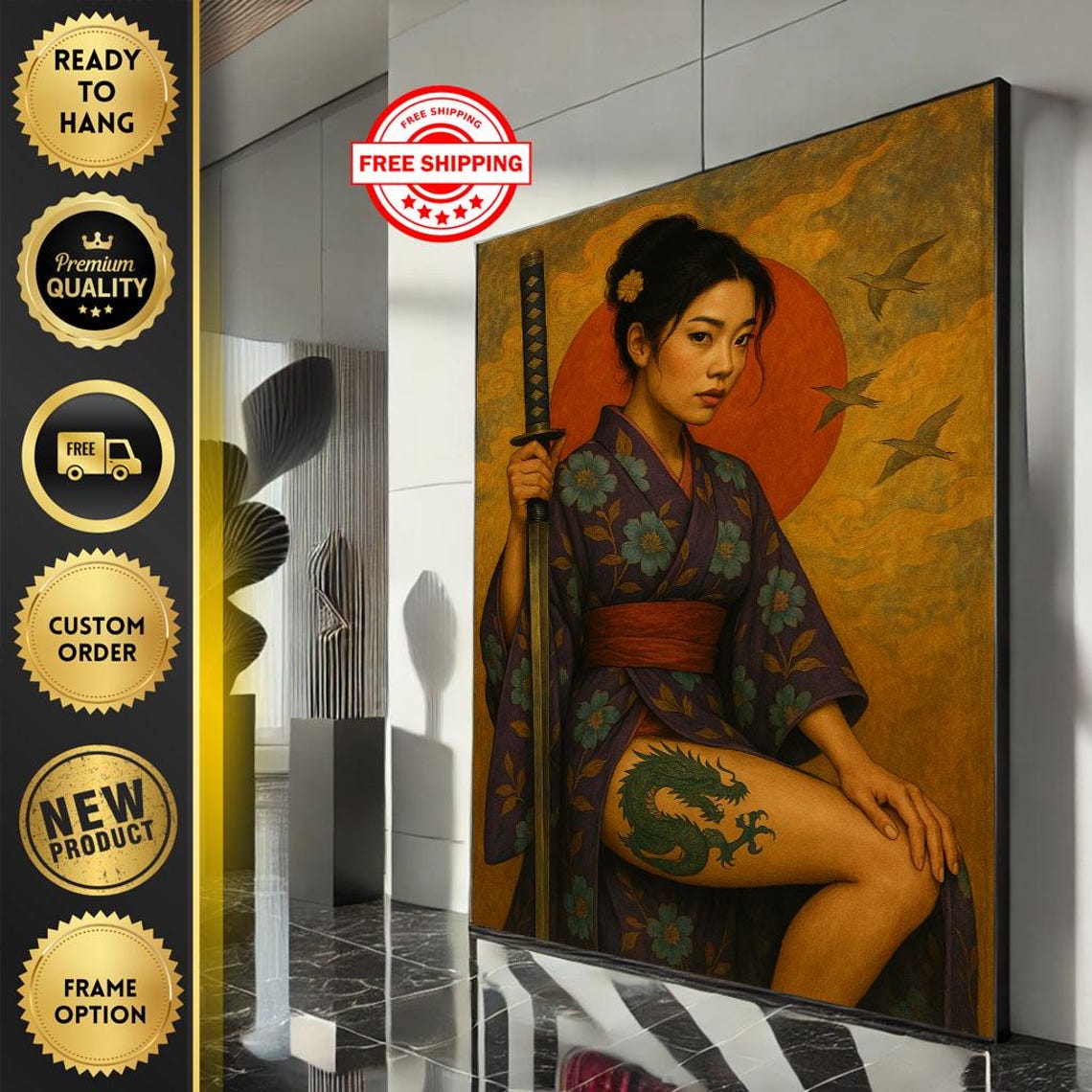 Tattooed Kimono Swordswoman Red Sun Dragon Thigh Warrior Art Poster