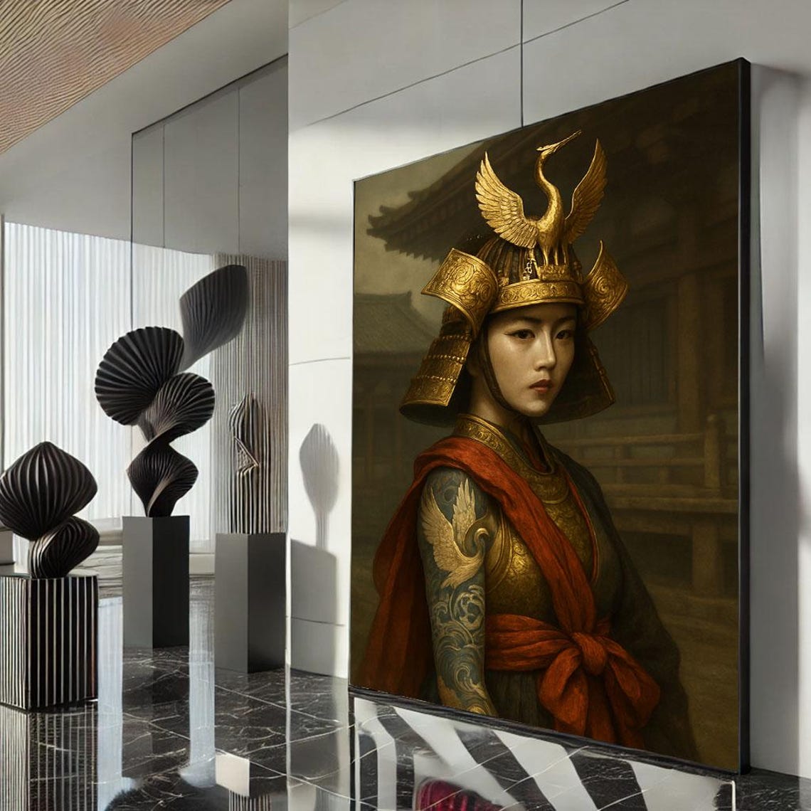 Samurai Woman Golden Crane Kabuto Helmet Armor Temple Portrait Poster