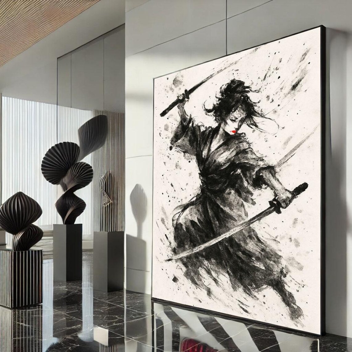 Samurai Woman Twin Swords Black Ink Wash Dynamic Battle Action Poster