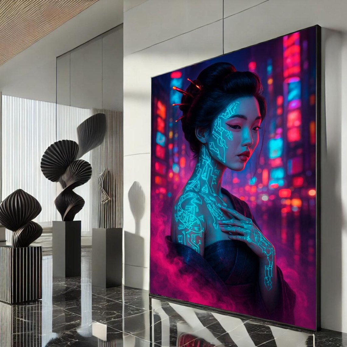 Cyberpunk Geisha Neon City Glowing Circuit Tattoo Futuristic Poster
