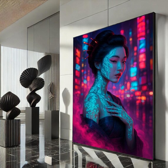 Cyberpunk Geisha Neon City Glowing Circuit Tattoo Futuristic Poster