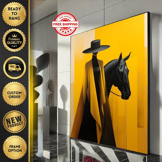 Modern Cowboy And Horse Canvas Wall Art Print Bold Yellow Living Room Decor Ready To Hang