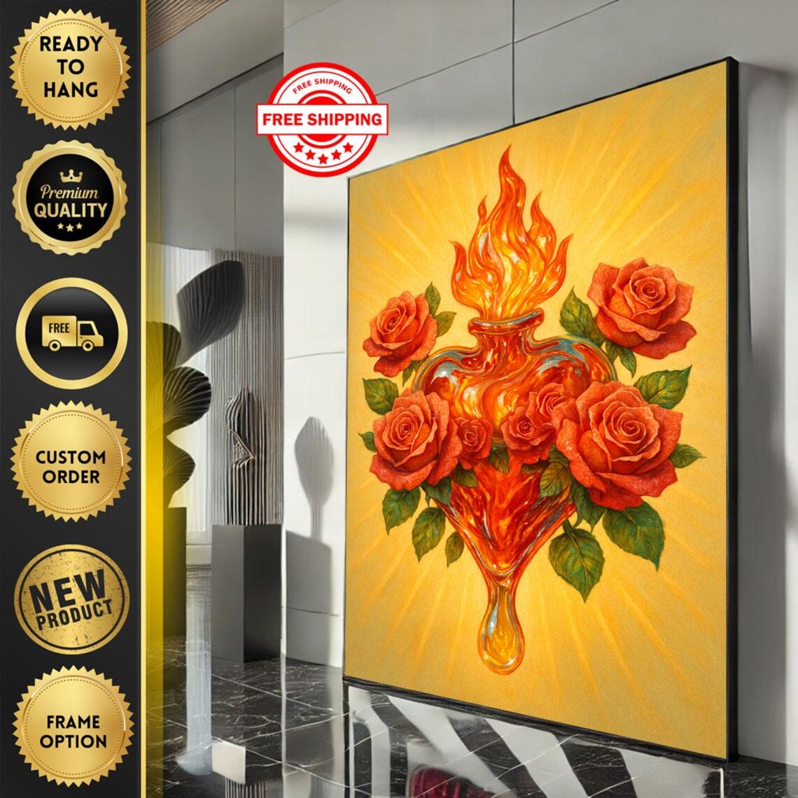 Fiery Sacred Heart with Red Roses and Flames Golden Art Poster