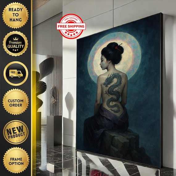 Japanese Woman With Dragon Tattoo Under Full Moon Art Poster