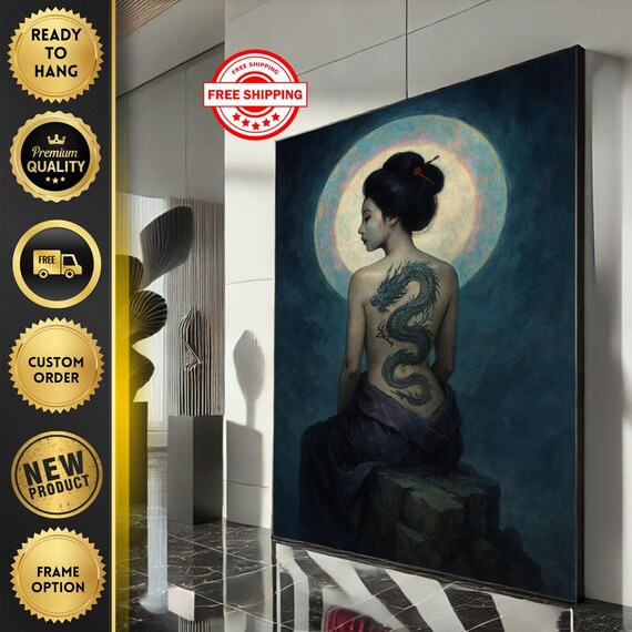 Mysterious Japanese Woman With Dragon Tattoo Canvas Wall Art Print Moody Bedroom Decor Statement Piece