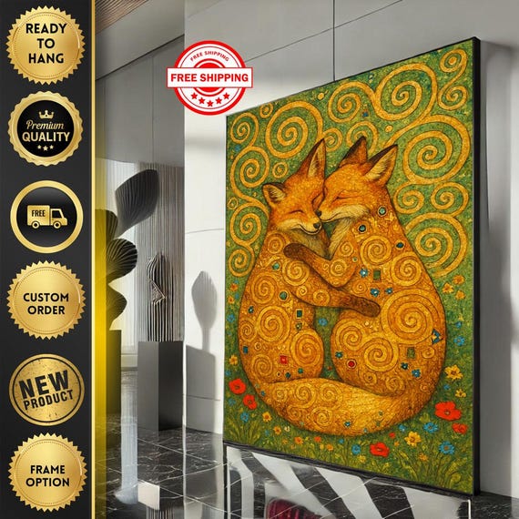 Whimsical Foxes Embrace Canvas Wall Art Print Boho Living Room Decor Ready To Hang