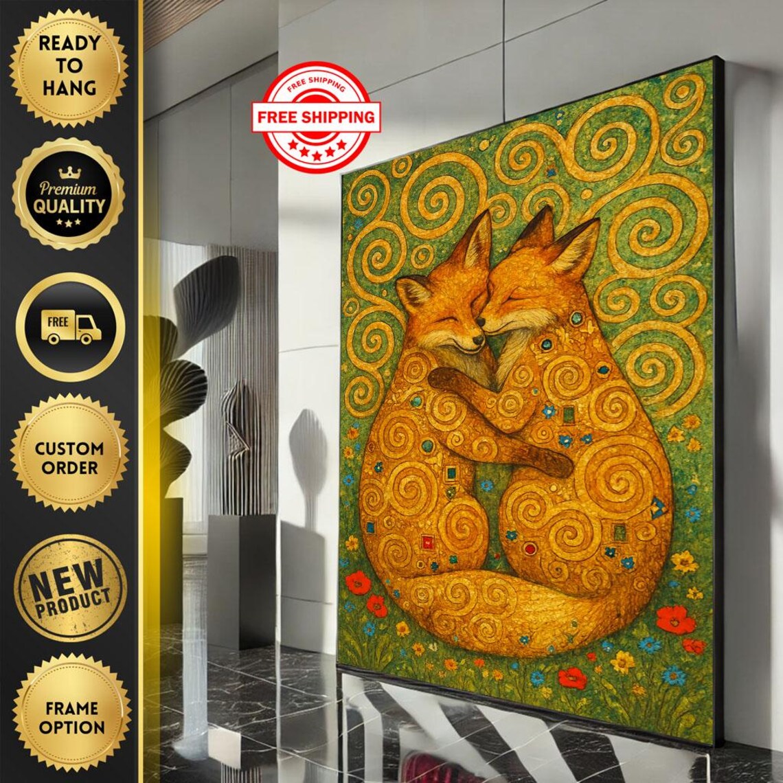 Klimt Style Foxes Hugging Golden Spiral Floral Animal Poster