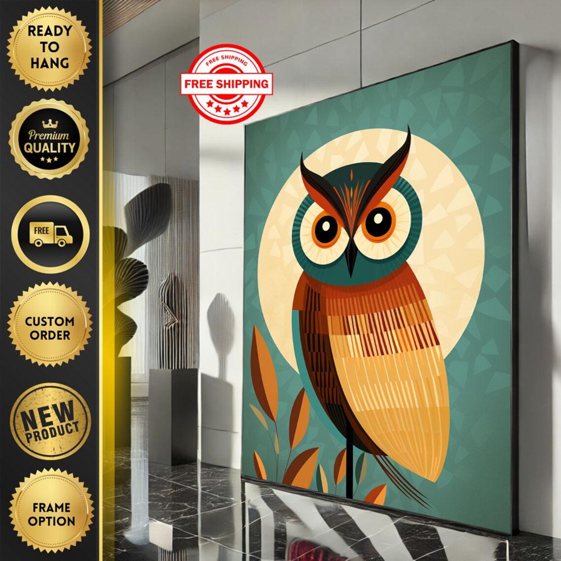 Geometric Owl On Teal Background Retro Style Animal Art Poster