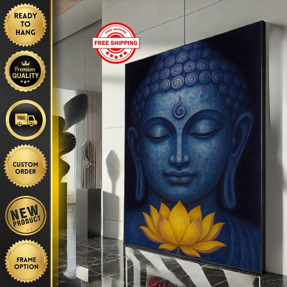 Blue Buddha Face Golden Lotus Flower Meditation Zen Art Poster