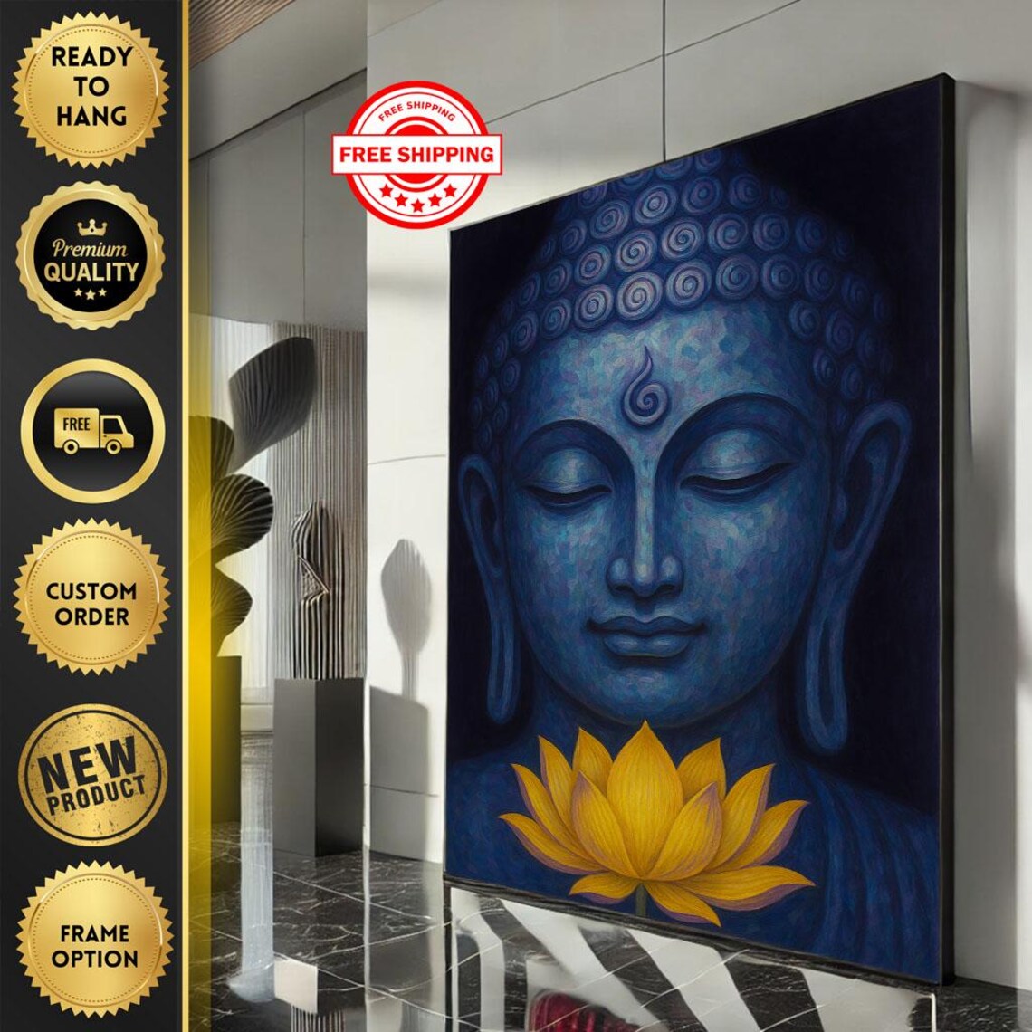 Blue Buddha Face Golden Lotus Flower Meditation Zen Art Poster