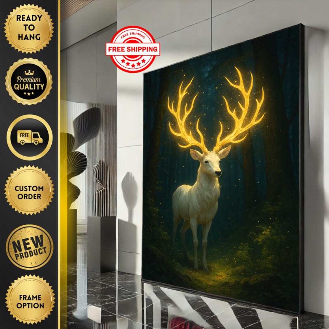 Magical White Stag With Glowing Golden Antlers Forest Poster