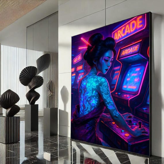 Futuristic Neon Geisha Canvas Wall Art Print Bold Modern Living Room Decor Statement Piece