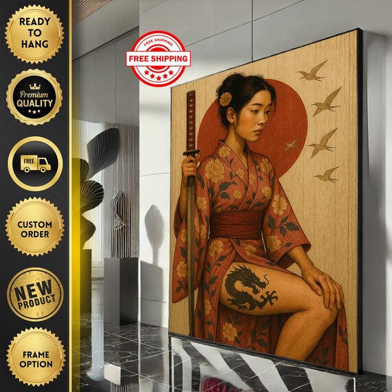 Japanese Geisha With Dragon Tattoo Canvas Wall Art Print Traditional Living Room Decor Ready To Hang