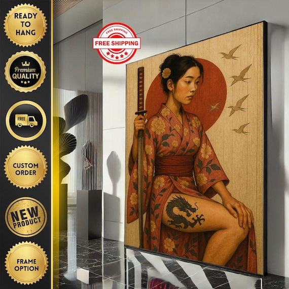 Japanese Woman Floral Kimono Katana Dragon Tattoo Red Sun Illustration Poster